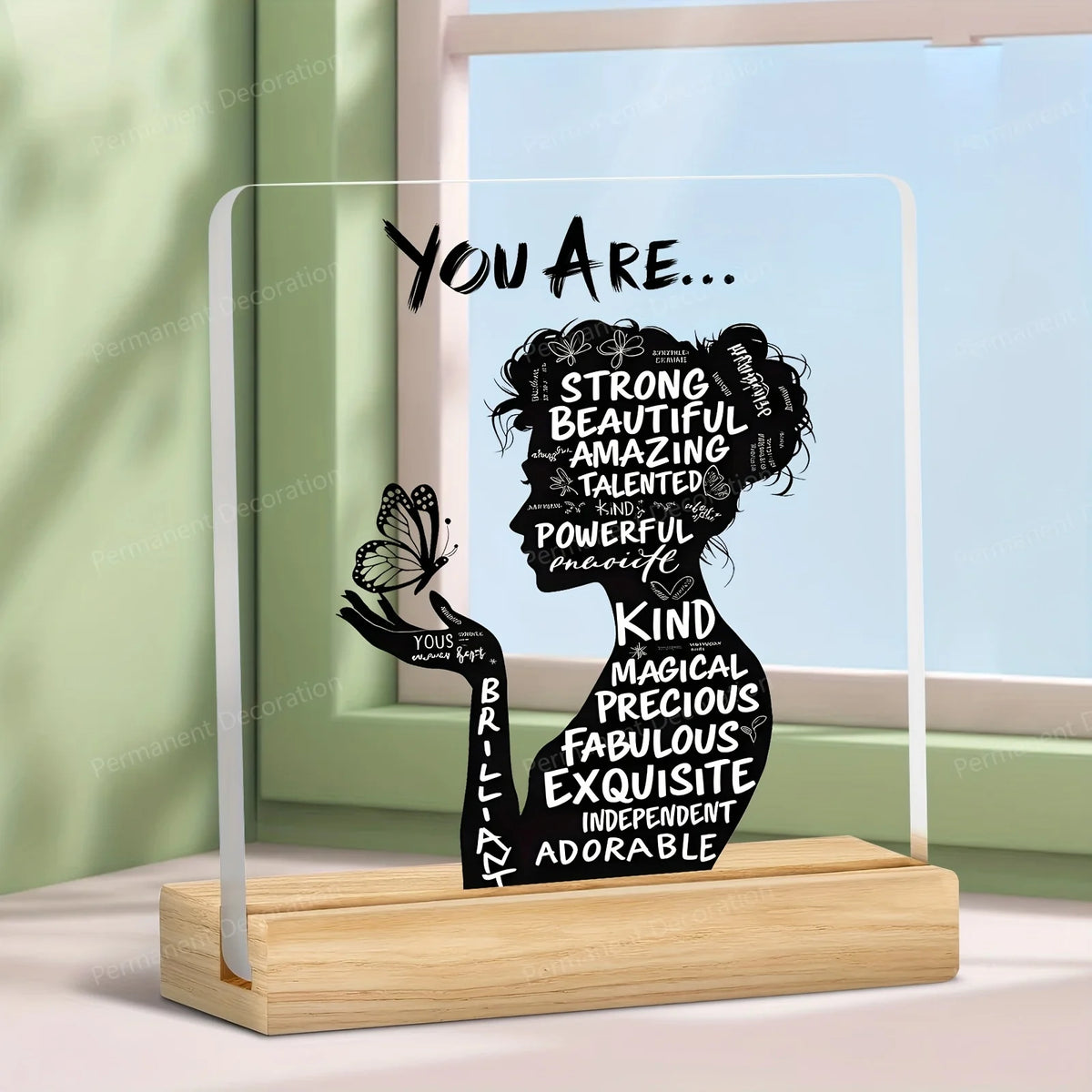 Acrylic positive affirmation desk decor featuring text that reads You Are Strong Beautiful Amazing Talented Powerful etc.