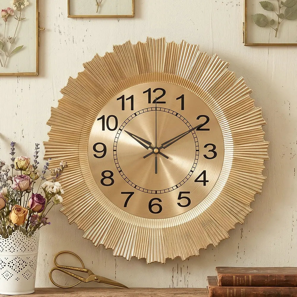A round gold-toned wall clock with a sunburst design and Roman numerals mounted on a light wooden surface.