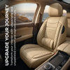 A tan leather car seat cover installed in a vehicle interior, showing the quilted stitching and upholstery.