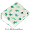 A square memory album with a light background decorated with green leaf illustrations.