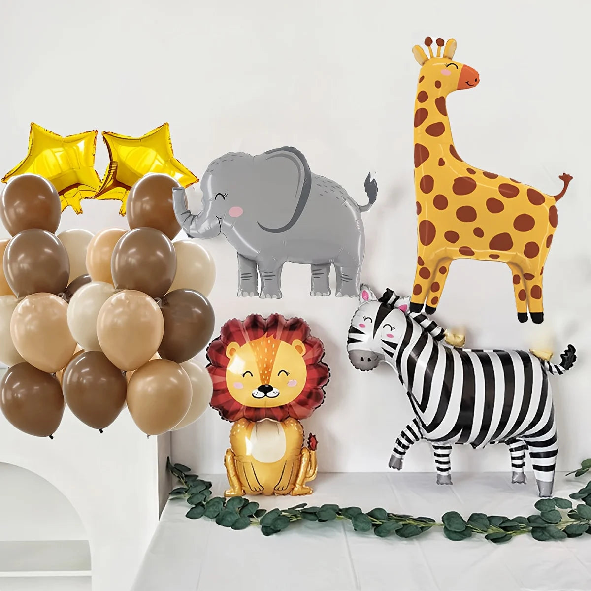 A set of eight foil balloons shaped like jungle safari animals including a giraffe, elephant, lion, and zebra.