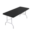 A black stretch elastic tablecloth cover draped over a rectangular table with a silver metal frame.