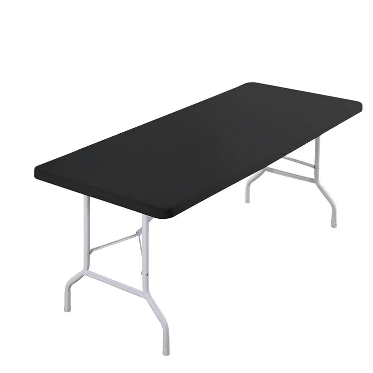 A black stretch elastic tablecloth cover draped over a rectangular table with a silver metal frame.