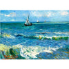 An oil painting depicting a seascape with blue water, white waves, and sailboats under a cloudy sky.