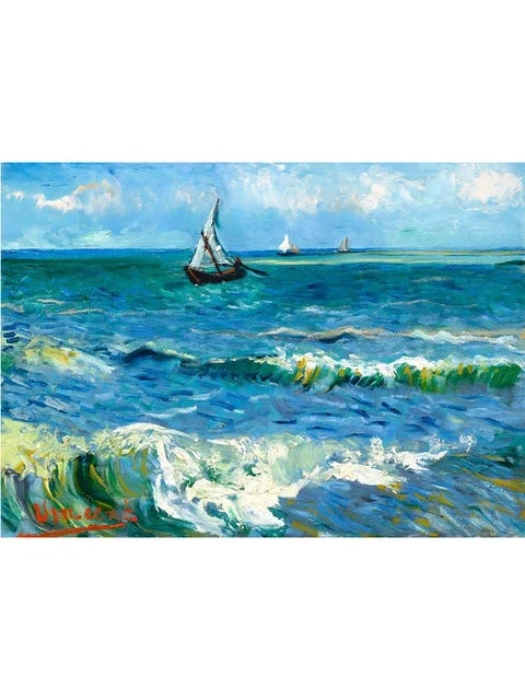 An oil painting depicting a seascape with blue water, white waves, and sailboats under a cloudy sky.