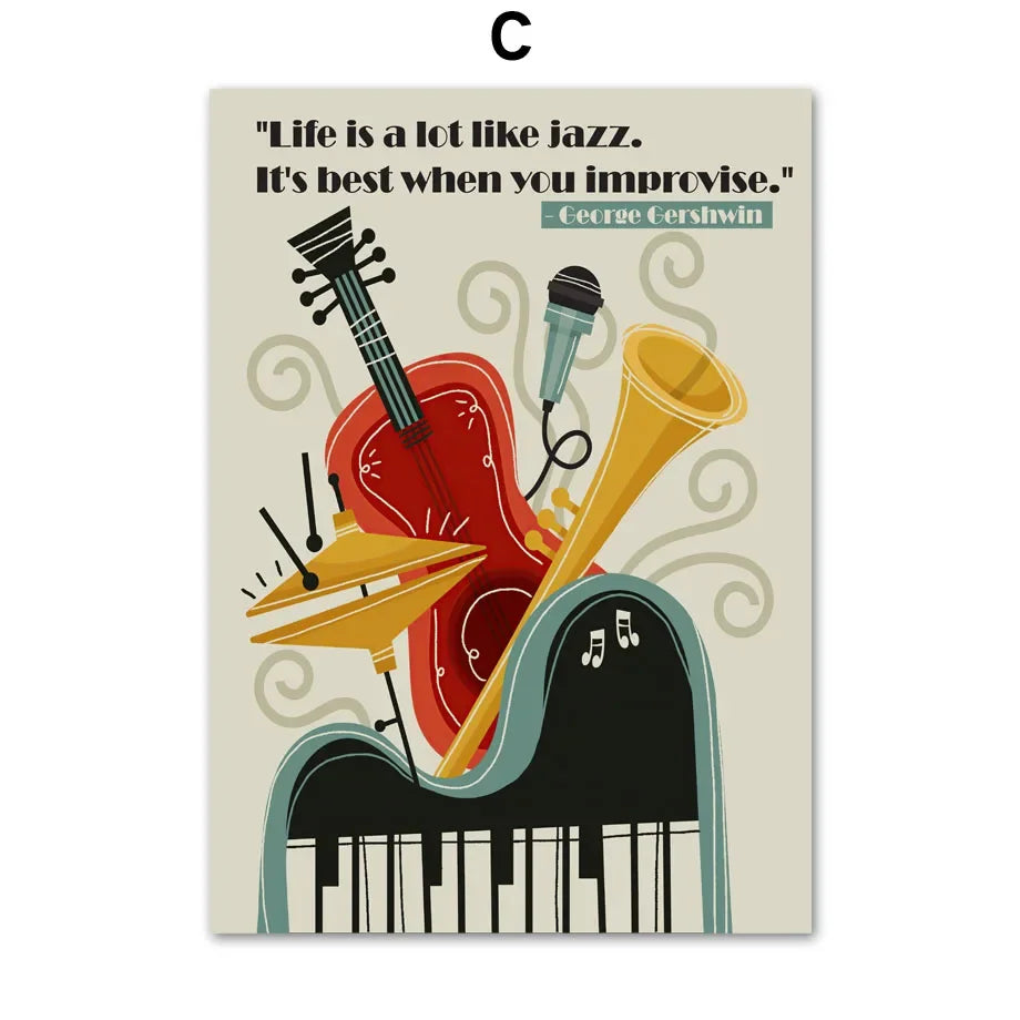 Abstract music canvas wall art featuring illustrations of a guitar, cello, and piano with a quote about improvisation.