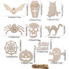 A collection of wooden Halloween ornaments including a bat, owl, spider, skull, spiderweb, and pumpkin face.