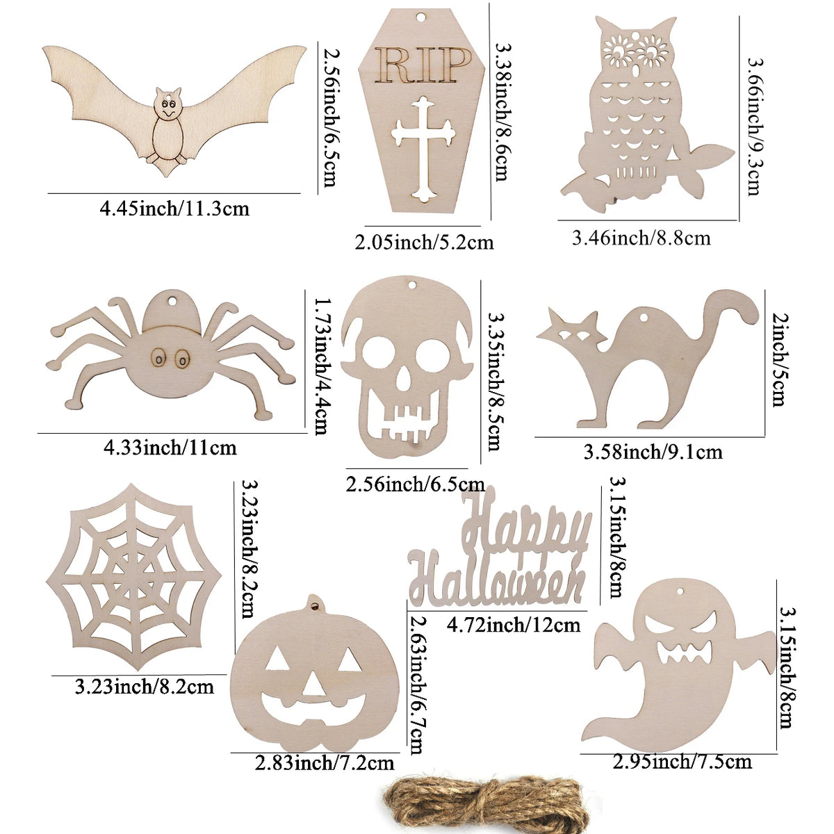A collection of wooden Halloween ornaments including a bat, owl, spider, skull, spiderweb, and pumpkin face.