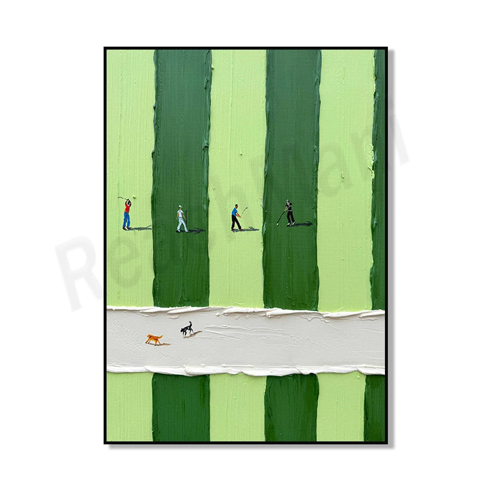Vertical canvas art featuring a green and white striped background with three figures playing golf.
