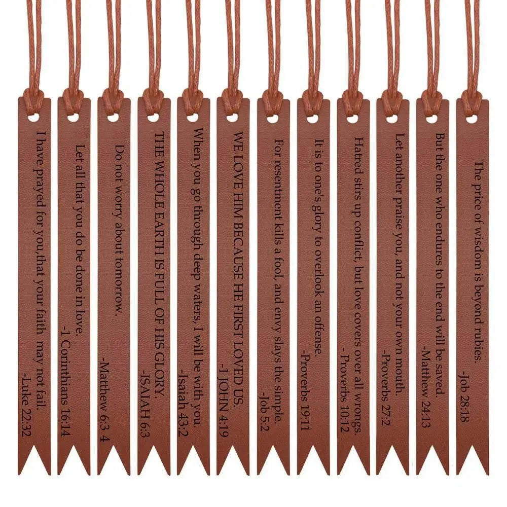 A set of brown leather bible bookmarks with various scripture verses