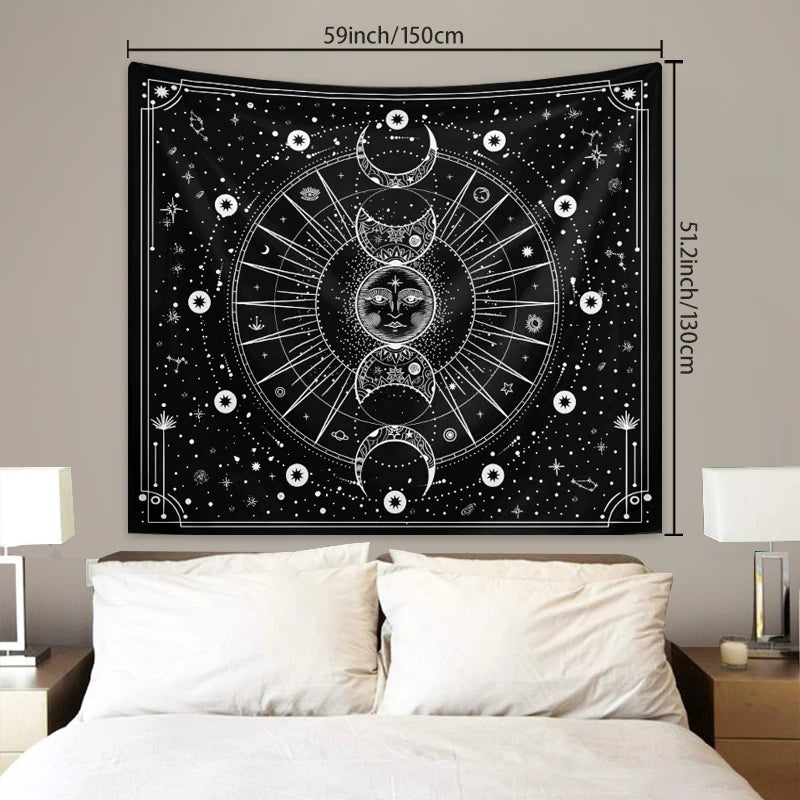 Black tapestry wall hanging featuring a psychedelic sun and moon mandala design with stars and celestial elements.