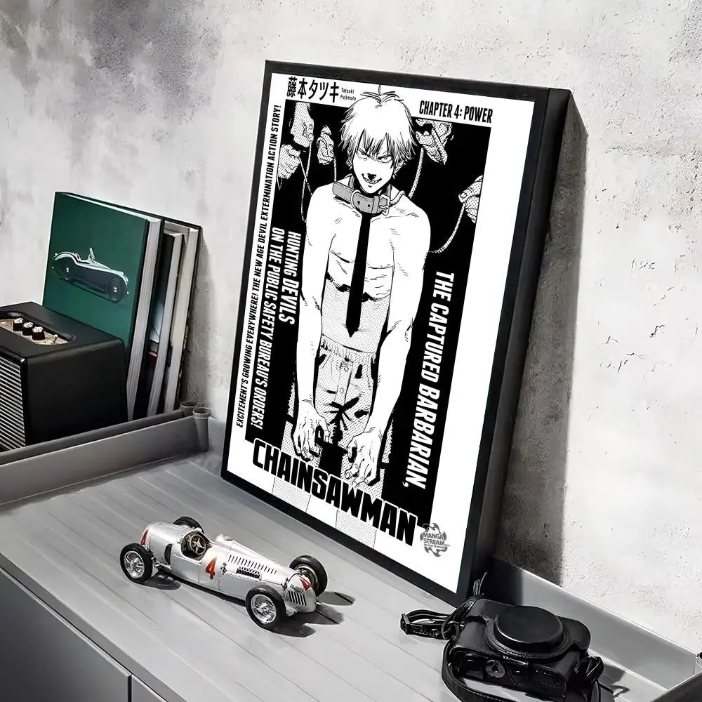 A framed poster of the C-Chainsaw Man anime featuring a character in a fight scene.