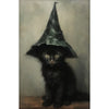 A dark black cat with green eyes sits in a moody portrait against a gray background.