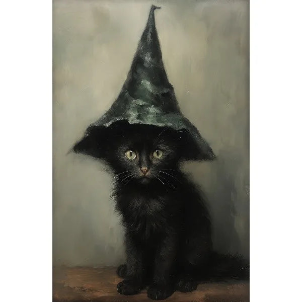 A dark black cat with green eyes sits in a moody portrait against a gray background.