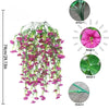 A long, cascading artificial morning glory garland in shades of pink and green, shown with four detailed close-ups.
