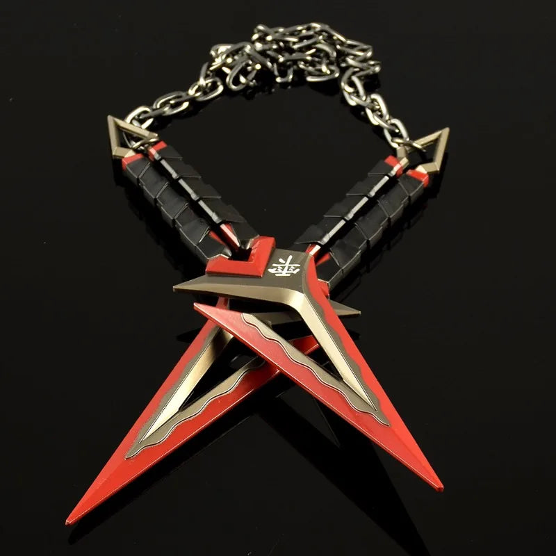 A full-size replica katana prop with a black and red design and a silver chain, displayed against a dark background.