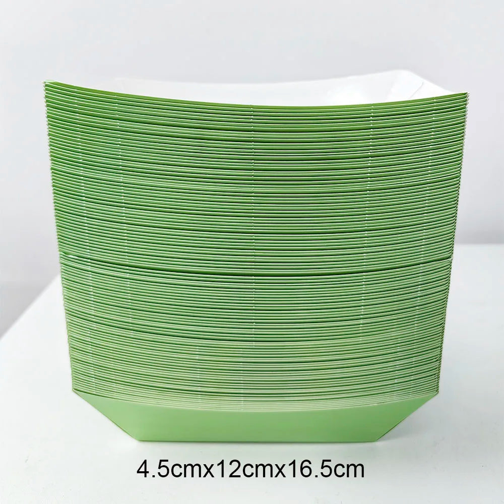 A stack of solid green disposable paper food trays, measuring 4.5cm by 12cm by 16.5cm.
