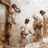 Peinture à l'huile représentant une scène de crucifixion avec des figures dans des tons terreux et des reflets blancs.