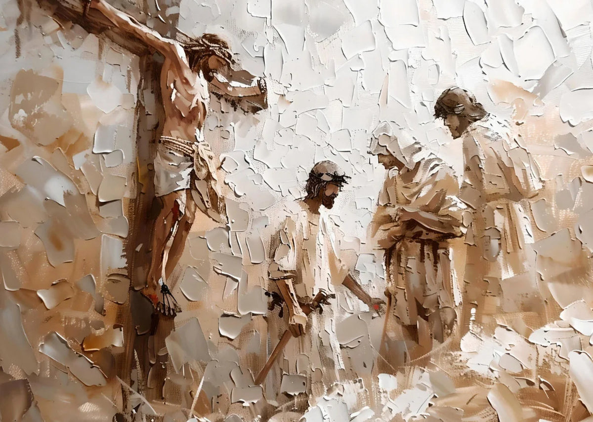 Peinture à l'huile représentant une scène de crucifixion avec des figures dans des tons terreux et des reflets blancs.
