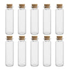 A set of clear glass vials with natural cork stoppers arranged in a grid.