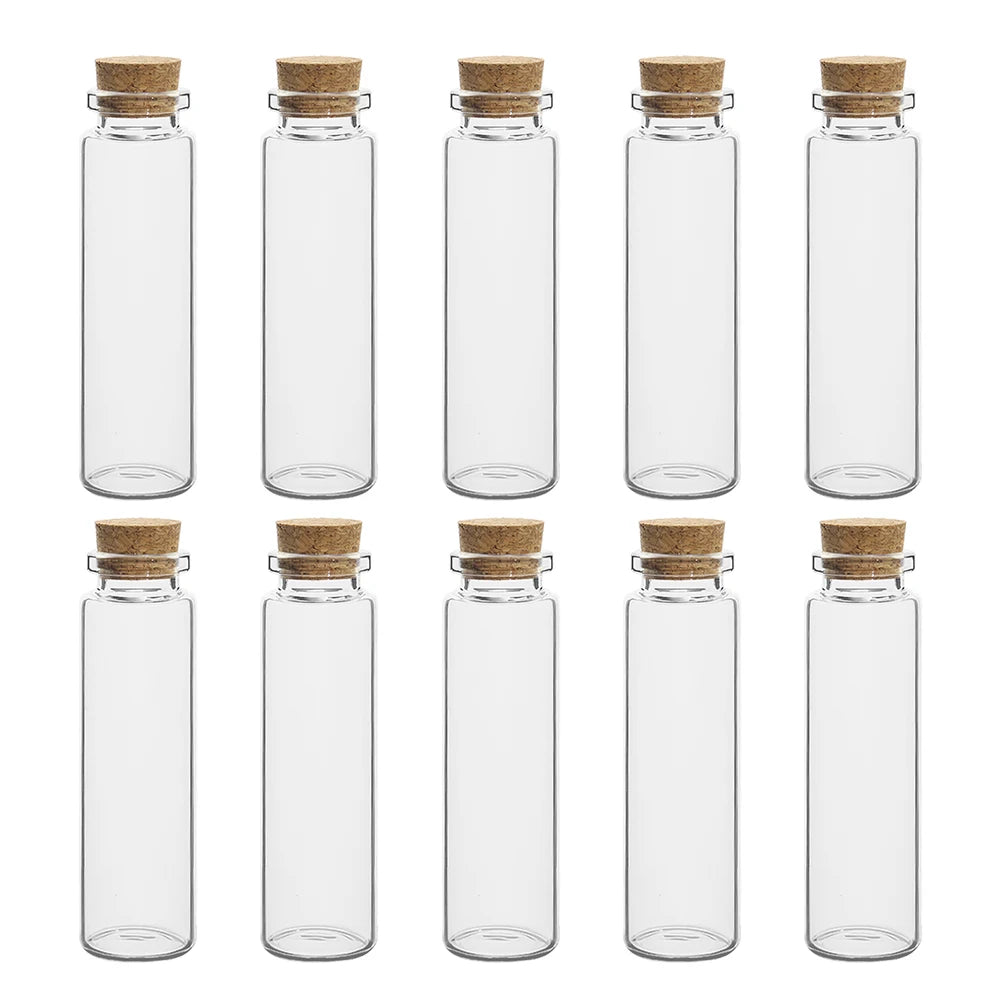 A set of clear glass vials with natural cork stoppers arranged in a grid.