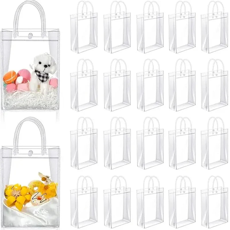 A set of clear reusable PVC gift bags with handles, some filled with white fluffy material and others in silver packaging.
