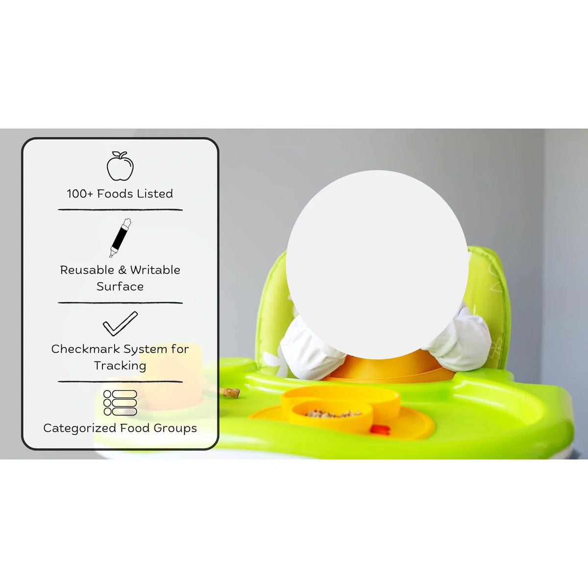 A green baby food tracker chart with a removable surface and categorized food groups.