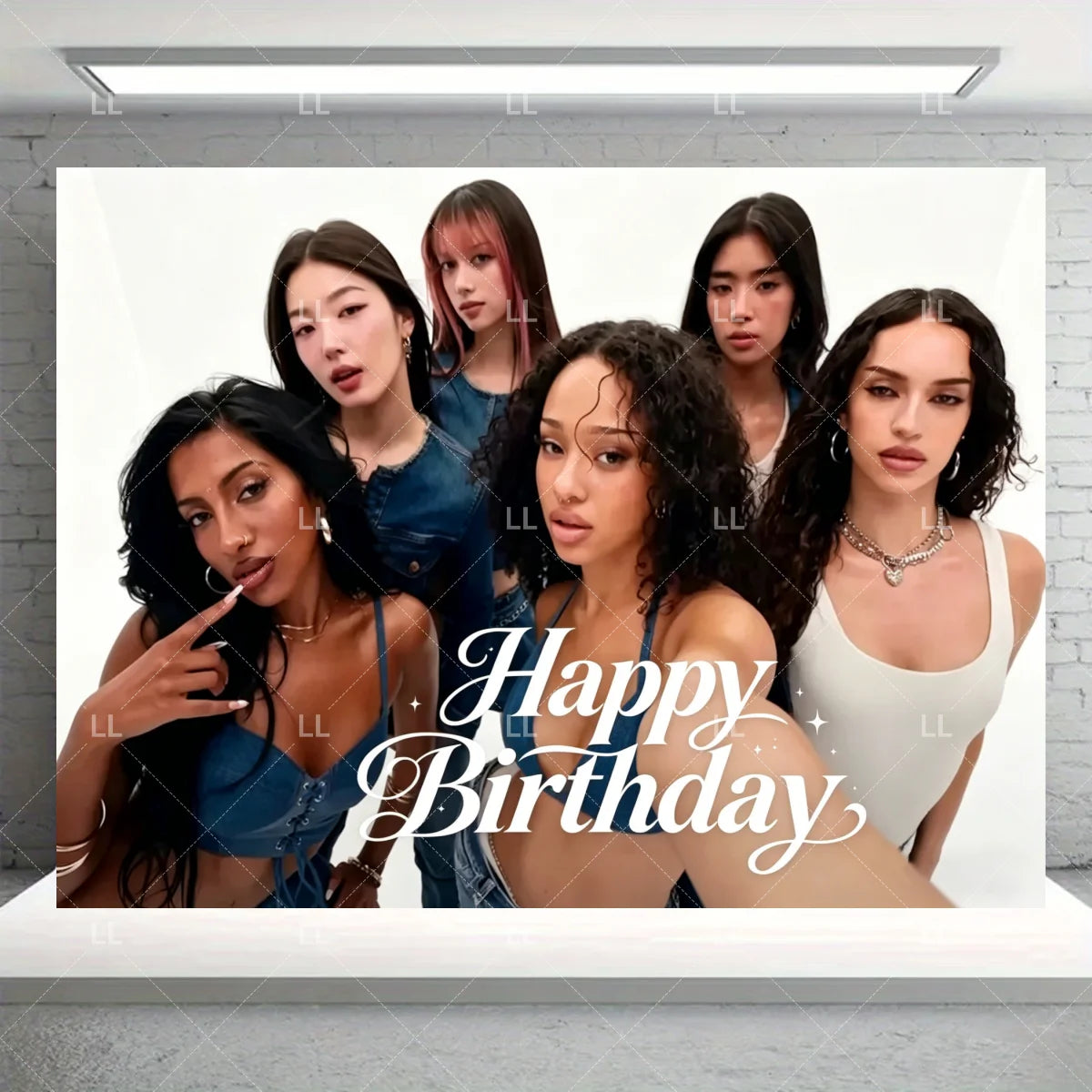 A photo of seven young women posing together for a birthday party decoration set.