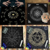 A set of tarot cards and a pentagram tarot velvet tablecloth with astrological symbols and decorative elements.