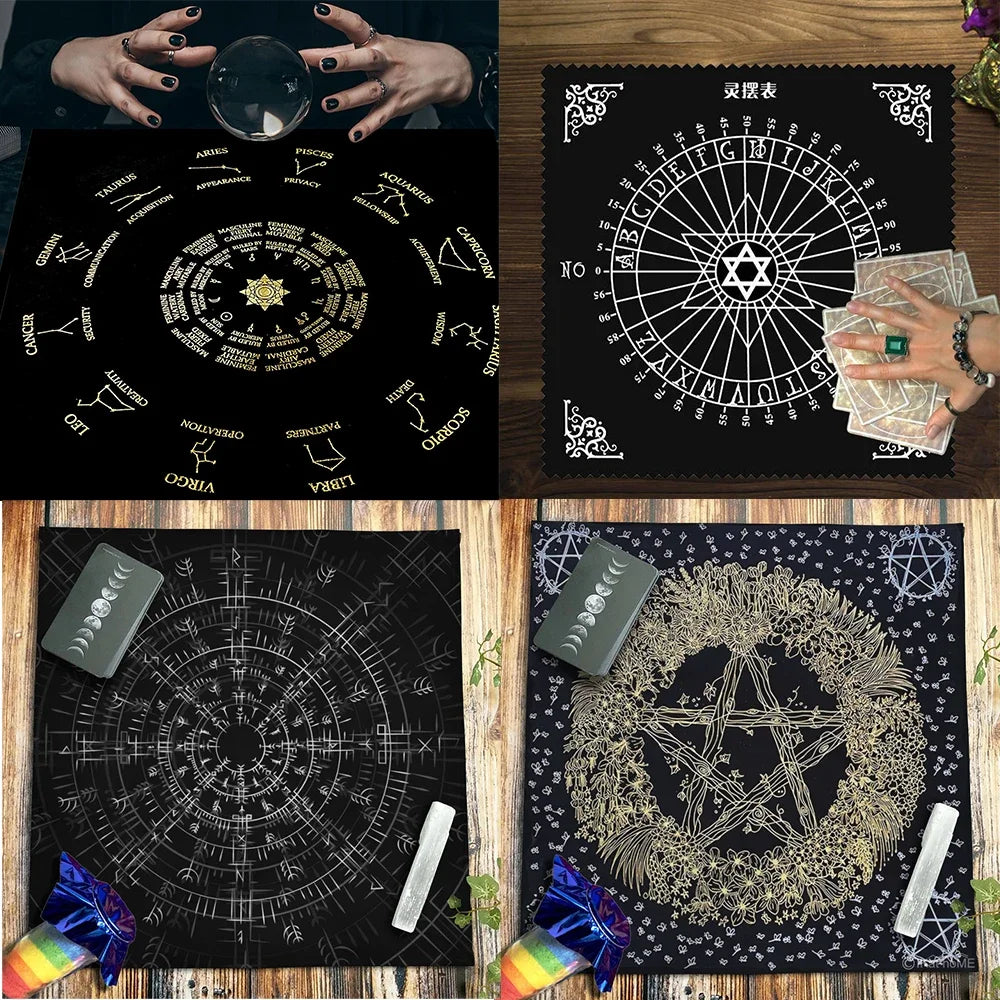 A set of tarot cards and a pentagram tarot velvet tablecloth with astrological symbols and decorative elements.