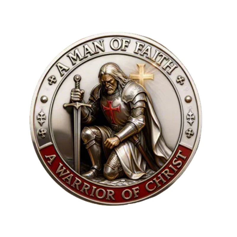 A challenge coin featuring a depiction of a warrior of faith with a sword and cross.