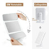 A white LED trifold makeup mirror is shown in various angles, demonstrating its rotatable and collapsible features.