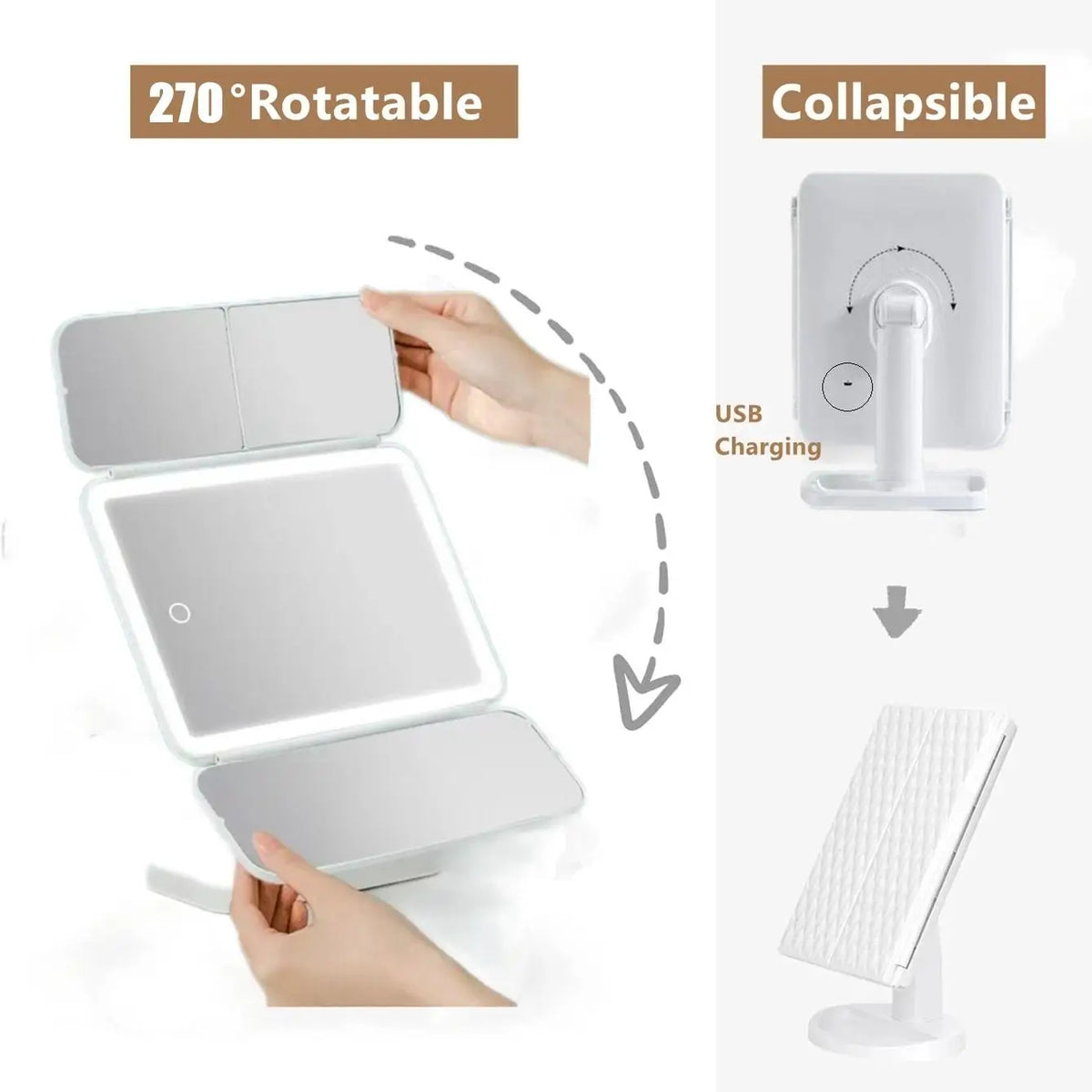 A white LED trifold makeup mirror is shown in various angles, demonstrating its rotatable and collapsible features.