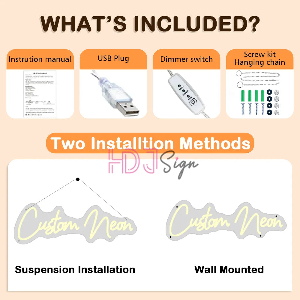 Components and installation methods for a custom neon sign LED wall decor including an instruction manual, USB plug, dimmer s