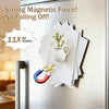 A refrigerator door features a magnetic display showing 11 sheets of A4 paper and a ceramic plant vase.