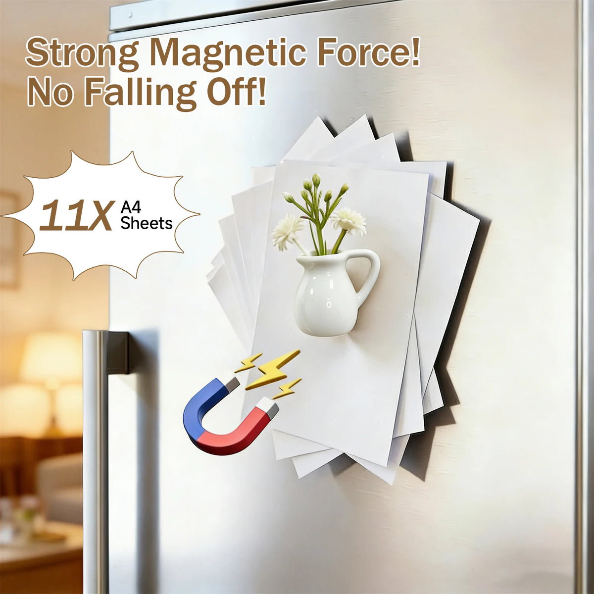 A refrigerator door features a magnetic display showing 11 sheets of A4 paper and a ceramic plant vase.