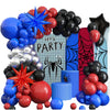 A collection of red, black, and blue balloons with spider and star foil accents arranged in an arch display.