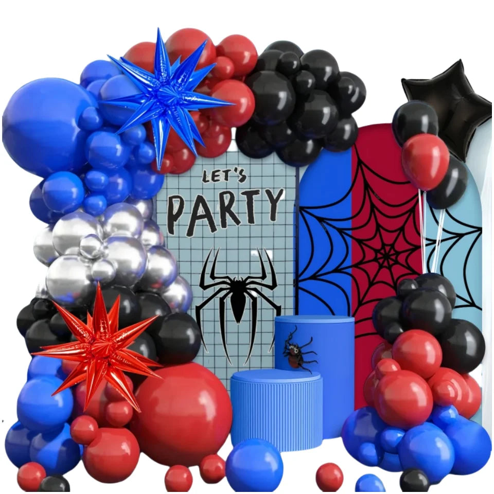 A collection of red, black, and blue balloons with spider and star foil accents arranged in an arch display.