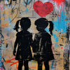 A painting featuring two silhouette girls holding hands against a distressed background with red heart shapes and splashes of