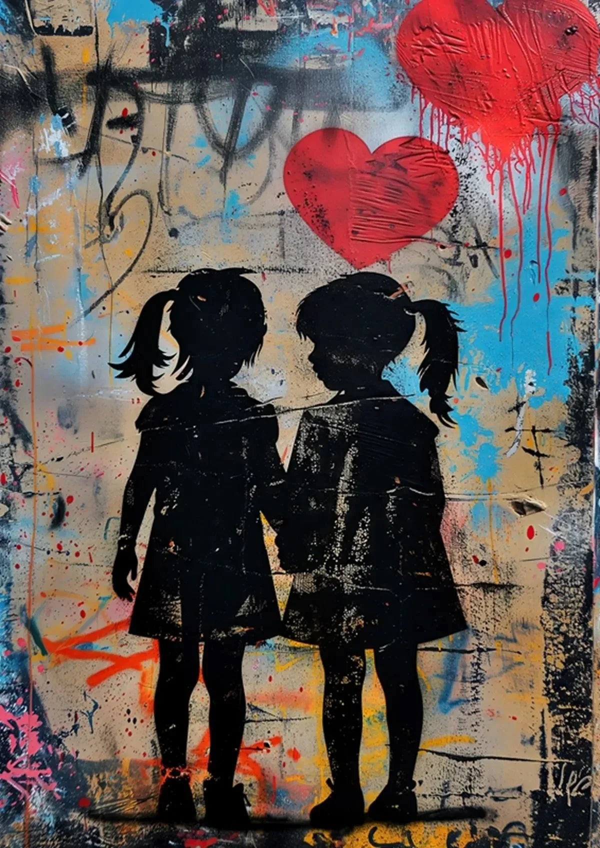 A painting featuring two silhouette girls holding hands against a distressed background with red heart shapes and splashes of