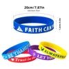 A set of two blue and yellow silicone bracelets with inspirational Bible verses on them.