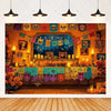A vibrant Day of the Dead fiesta photo backdrop featuring colorful floral skull designs and decorative elements.