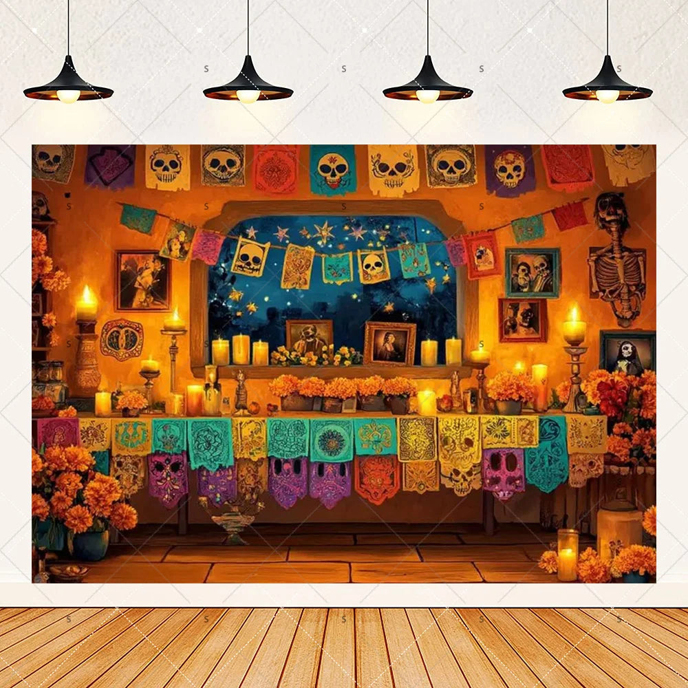 A vibrant Day of the Dead fiesta photo backdrop featuring colorful floral skull designs and decorative elements.