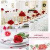 A close-up of a deep red artificial silk rose used for table decor and wedding arrangements.