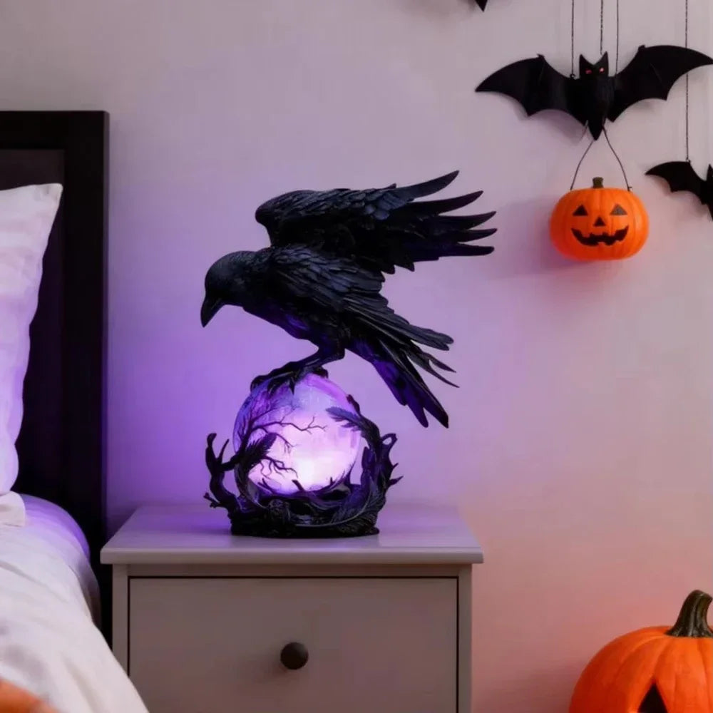 A black raven sculpture with purple glow sits on a gray nightstand above a white bed.