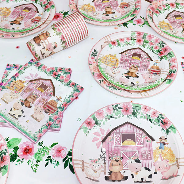 Pink farm animals birthday party tableware set featuring wooden barn designs and floral accents
