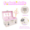 A pink box containing a ballet music box with rotating figurines and jewelry storage, featuring an exquisite lock and a rotar