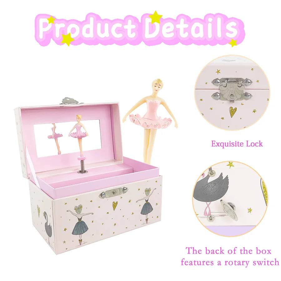 A pink box containing a ballet music box with rotating figurines and jewelry storage, featuring an exquisite lock and a rotar
