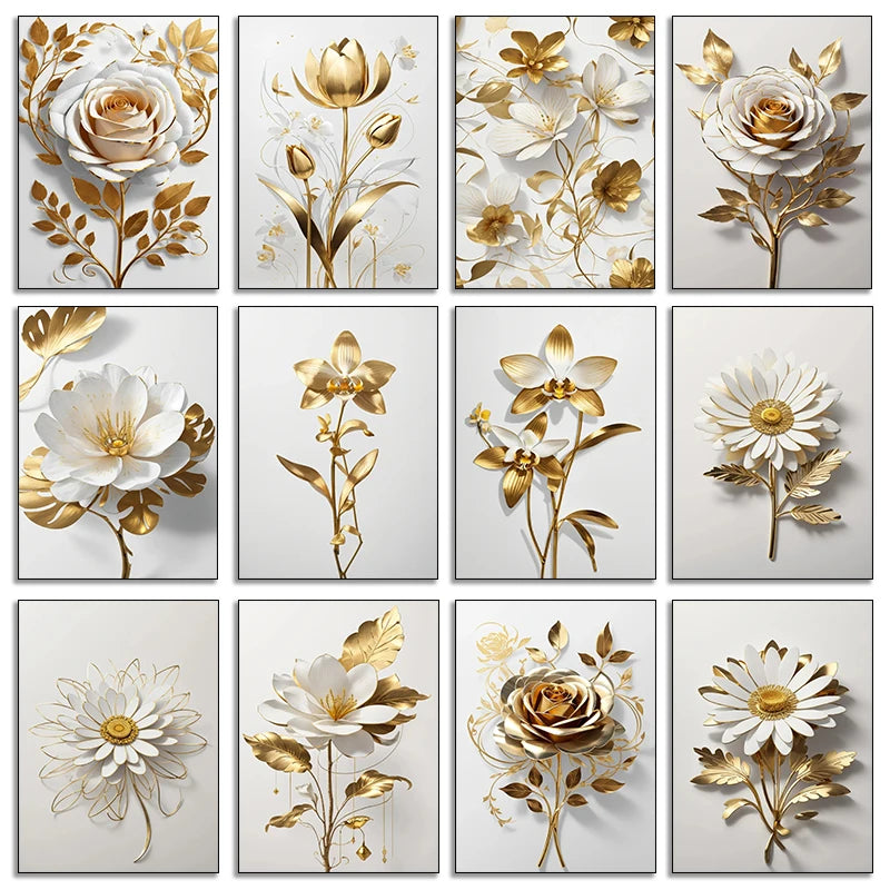 Colección de doce diseños florales enmarcados con rosas, tulipanes y margaritas en tonos dorados y blancos.