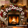 Front hanging Christmas vine decorated with red berries and white flowers above a fireplace